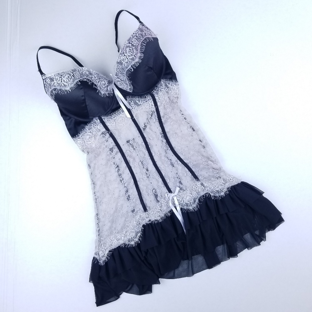 Lace Skirted Teddy Top 38C Sexy Black Pink